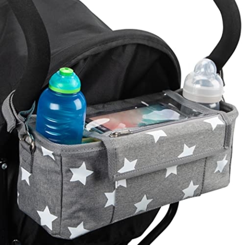 Kinderwagen Organizer, Buggy Organizer mit wasserfestem Regenschutz & 2 Kinderwagen Clips. Grau - weiße Sterne. BTR