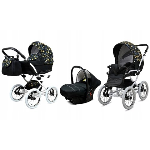 BabyLux® Bambimo Kinderwagen Set 3 in 1 - Margaret White - incl. Babywanne, Buggy Sportsitz, Auto-Babyschale - Autositz - Kinderwagenset - Kombikinderwagen mit Wickeltasche, Regenschutz usw.