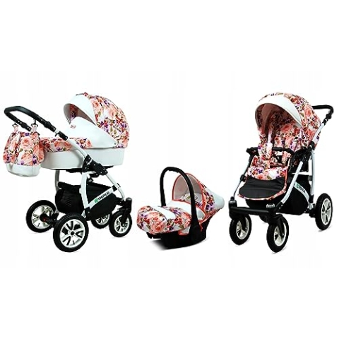BabyLux® Bambimo Kinderwagen Set 3 in 1 - Tropical - incl. Babywanne, Buggy Sportsitz, Auto-Babyschale - Autositz - Kinderwagenset - Kombikinderwagen mit Wickeltasche, Regenschutz usw.
