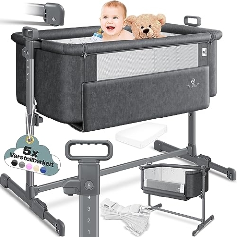 KESSER® Zustellbett Hubi 3in1 Baby Beistellbett Reisebett Babybett mit weich Matratze mit Rollen Kinderbett 5Fach Höhenverstellung Faltbare Seitenwand für Zuhause und Unterwegs + Spanngurt Dunkelgrau