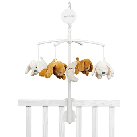 Nattou Mobile Musical, Chien Charlie, Doux Bercement "Le-La-Lu", 65 x 31 cm, Vegan, Coton/polyester, Blanc & Marron