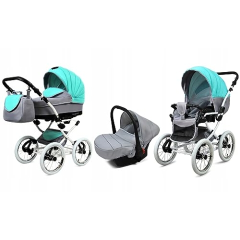 BabyLux® Bambimo Kinderwagen Set 3 in 1 - Margaret White - incl. Babywanne, Buggy Sportsitz, Auto-Babyschale - Autositz - Kinderwagenset - Kombikinderwagen mit Wickeltasche, Regenschutz usw.