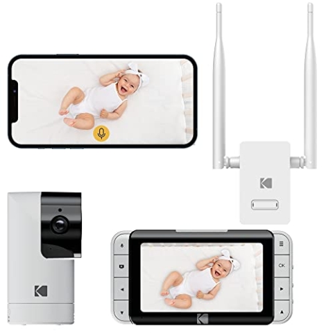 KODAK Cherish C525P Smart Video Baby Monitor + R100 Baby Monitor Range Extender - Erweiterte Abdeckung (bis zu 1500 ft.), ferngesteuerte Schwenk-Neige-Kamera, HD-Video & klarer Ton