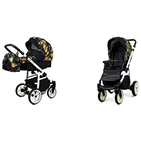 BabyLux Color Lux 2-in-1 Baby Kinderwagen Tief und Kinderwagen mit Zubehör Verstellbar und faltbar Aluminiumkonstruktion Wasserdichte Nicht abnehmbare Räder Gold Jungle White Frame