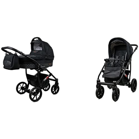 BabyLux Largo 2-in-1 Baby Kinderwagen Tief und Kinderwagen mit Zubehör Verstellbar und faltbar Aluminiumkonstruktion Wasserdicht Nicht abnehmbare Räder Garden Flowers Black Frame