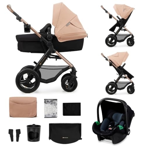 Kinderkraft MOOV2 AIR Kinderwagen 3 in 1 Kinderwagenset bis 26 kg mit Kindersitz I-SIZE 40-75 cm, Buggy Funktion, Liegeposition verstellbar, Große ausziehbare Verdeck, Aufblasbare Räder, Beige