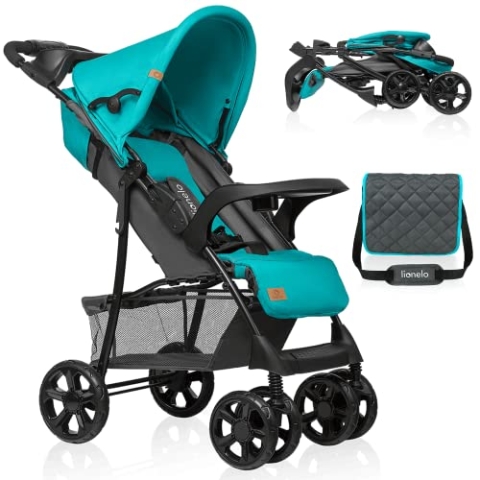 LIONELO Emma Plus Kinderwagen bis zu 15 kg, Kindersportwagen, leicht modern klein Buggy mit Liegeposition, zusammenklappbar, große Räder, großer Korb, Tasche Vivid Turkus