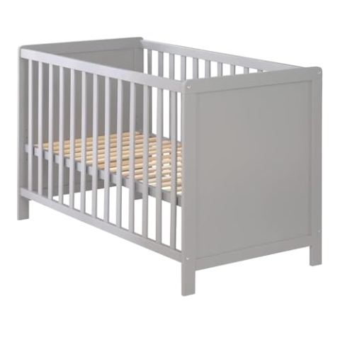 roba 2 in 1 Babybett 60 x 120 cm + safe asleep Matratze - Gitter- & Beistellbett 6-fach Höhenverstellbar - 5 Schlupfsprossen - Holz grau/taupe