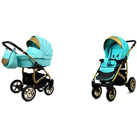 BabyLux® Bambimo Kinderwagen Set 2 in 1 - Gold Lux - incl. Babywanne, Buggy Sportsitz - Kinderwagenset - Kombikinderwagen mit Wickeltasche, Regenschutz, Moskitonetz, Cupholder usw.