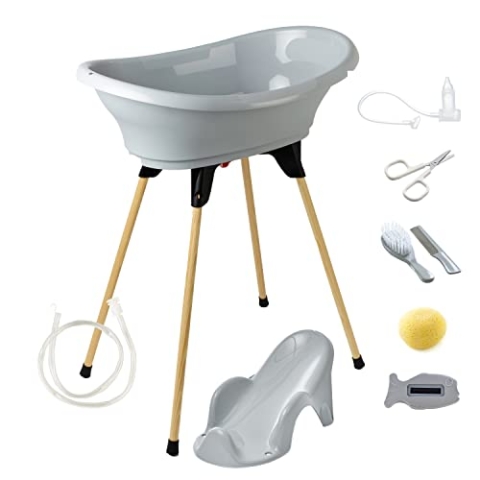 THERMOBABY - Babybadeset Vasco 9-in-1, grau – Badewanne + faltbarer Fuß + Ablaufschlauch + Badetuch + Thermometer + Schwamm + Bürste und Kamm + Schere + Fliege für Babys – hergestellt in Frankreich