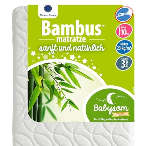 Babysom - Babymatratze Bambus | 70x140 cm | Kindermatratze | Naturfaser | Atmungsaktiv | Bezug abziehbar | Luftdurchlässiger Kaltschaum | Geprüft | Höhe 10cm