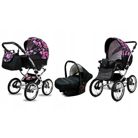 BabyLux® Bambimo Kinderwagen Set 3 in 1 - Margaret Exclusive - incl. Babywanne, Buggy Sportsitz, Auto-Babyschale - Autositz - Kinderwagenset - Kombikinderwagen mit Wickeltasche, Regenschutz usw.