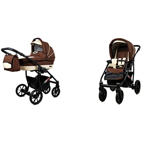 BabyLux Largo 2-in-1 Baby Kinderwagen Tief und Kinderwagen mit Zubehör Verstellbar und faltbar Aluminiumkonstruktion Wasserdicht Nicht abnehmbare Räder Brown Cream Black Frame