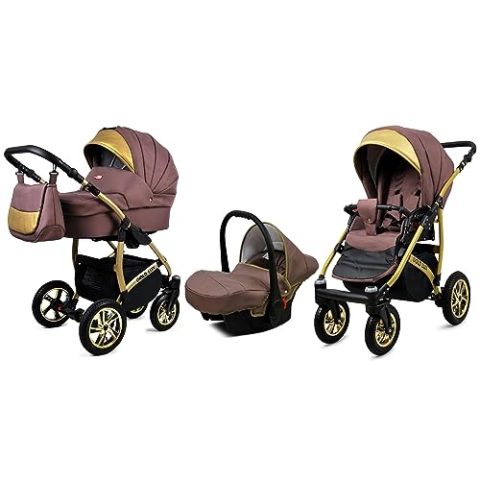 BabyLux® Bambimo Kinderwagen Set 3 in 1 - Gold Lux - incl. Babywanne, Buggy Sportsitz, Auto-Babyschale - Autositz - Kinderwagenset - Kombikinderwagen mit Wickeltasche, Regenschutz usw.