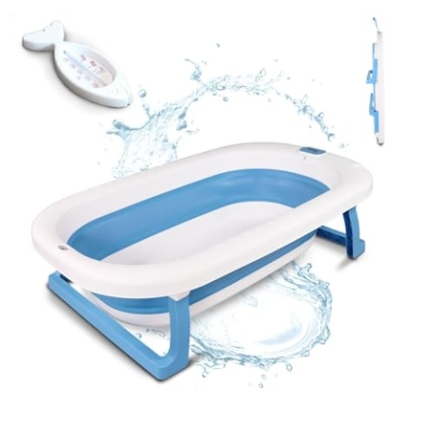 Mobiclinic® kids, Badewanne baby + thermometer, Faltbare bubba, Rutschfeste innenausstattung, Leicht zu transportieren, Hängebügel, Inklusive abflussrohr, Füße, Sicher, Farbe blau