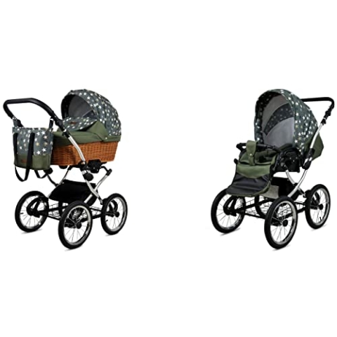 BabyLux ALU 2in1 Kinderwagen für Kleinkinder – Kinderwagen für Neugeborene und Kleinkinder – Baby Neugeborenen Kinderwagen – 59x105x125cm – Max. 15kg – Olive Star Silver Frame