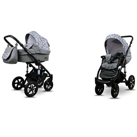 BabyLux® Sky Lark 2-in-1 Baby Kinderwagen Tief und Kinderwagen mit Zubehör Verstellbar und faltbar Aluminiumkonstruktion Wasserdicht Nicht abnehmbare Räder Grey Animals Black Frame