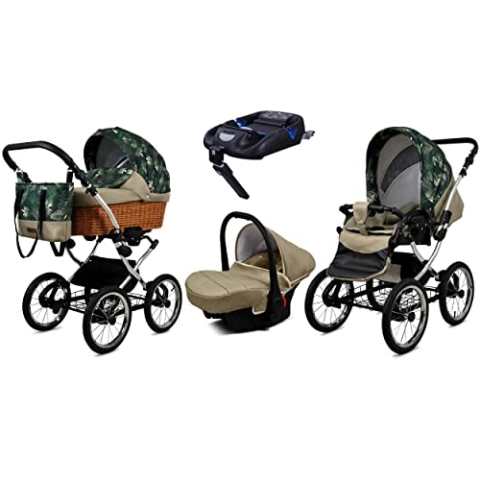 BabyLux Kinderwagen 4in1 mit Autositz für Kleinkinder – Kinderwagen für Neugeborene und Kleinkinder –– Baby Neugeborenen Kinderwagen – ISOFIX Autositzbasis – Max 15kg – Fern Leaf Silver Frame
