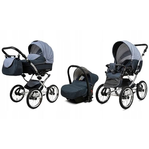 BabyLux® Bambimo Kinderwagen Set 3 in 1 - Margaret Exclusive - incl. Babywanne, Buggy Sportsitz, Auto-Babyschale - Autositz - Kinderwagenset - Kombikinderwagen mit Wickeltasche, Regenschutz usw.