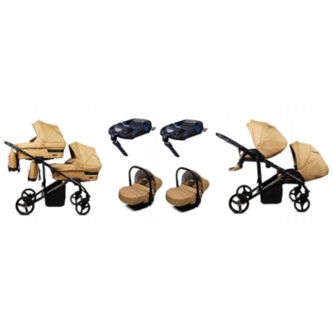 BabyLux® Kinderwagen Set 4 in 1 für Zwillinge - Trailux Duo - Sand Pearl - incl. Babywanne, Buggy Sportsitz, Auto-Babyschale, ISOFIX-Basisstation - Autositz - Geschwisterwagen Zwillingskinderwagen