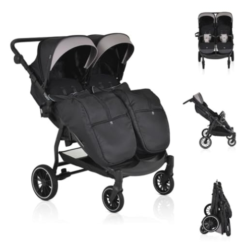 Moni Zwillingskinderwagen TwinGo Getränkehalter, Fußabdeckung, Hinterradbremse, Farbe:schwarz