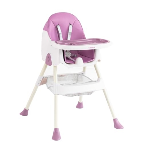 Ultrakompakter faltbarer Baby-Hochstuhl, faltbarer Kinder-Esstisch mit bequemem Sitzkissen, verstellbarer Höhe und Tischplatte(Lila)