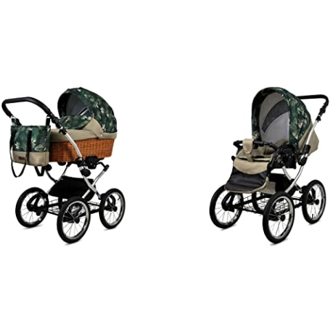 BabyLux ALU 2in1 Kinderwagen für Kleinkinder – Kinderwagen für Neugeborene und Kleinkinder – Baby Neugeborenen Kinderwagen – 59x105x125cm – Max. 15kg – Fern Leaf Silver Frame