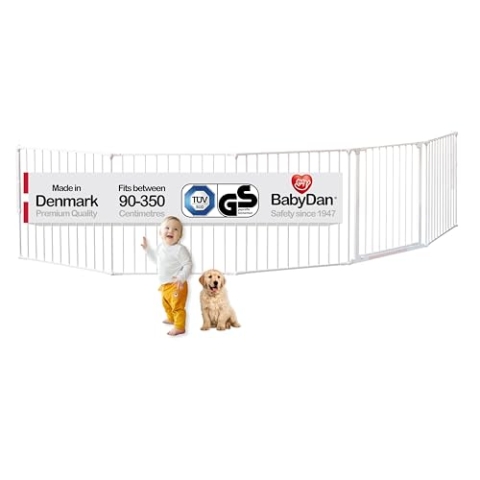 BabyDan Flex XXL, 90-350 cm, Kaminzaun/Treppengitter/Raumteiler/Kaminumrandung, Weiß, Hergestellt in Dänemark - Kinderschutzgitter/Sicherheitsgitter (Haustiergitter/Hundegitter/Hundespielgehege)