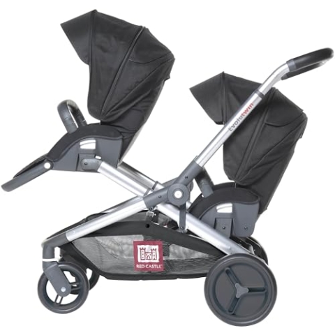 RED CASTLE, Kinderwagen, Zwilling/Tandem/doppelt, ab der Geburt, wendbare Sitze/Rückenlehne 3 Positionen, großer Aufbewahrungskorb, Gestell verstellbar, anpassbar, Evolutwin, Schwarz