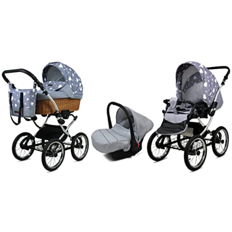 BabyLux Kinderwagen 3in1 mit Autositz für Kleinkinder – Kinderwagen für Neugeborene und Kleinkinder –– Baby Neugeborenen Kinderwagen – 59x105x125cm – Max 15kg – Silver Hearts Silver Frame