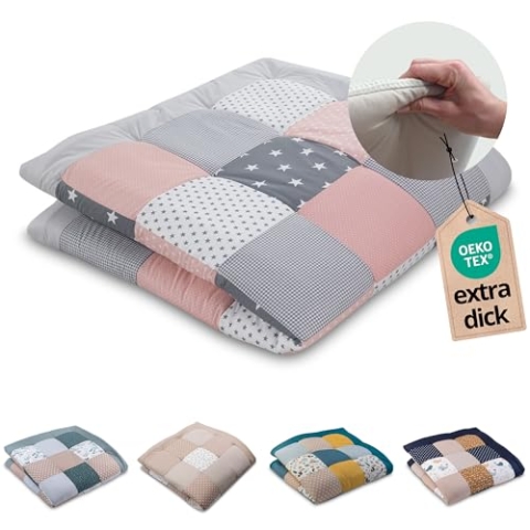 ULLENBOOM Krabbeldecke für Baby 140x140 cm, 100% OEKO-TEX Materialien, Made in EU, Dick & weich gepolstert, Rosa Grau - ideal als Babydecke, Krabbelmatte & Spieldecke Baby