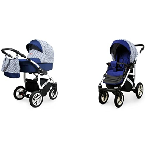BabyLux Queen 2-in-1 Baby Kinderwagen Tief und Kinderwagen mit Zubehör Verstellbar und faltbar Aluminium Konstruktion Wasserdicht Nicht abnehmbare Räder Sailor Blue