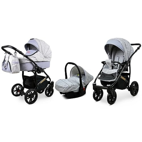 BabyLux® Bambimo Kinderwagen Set 3 in 1 - Miracle - incl. Babywanne, Buggy Sportsitz, Auto-Babyschale - Autositz - Kinderwagenset - Kombikinderwagen mit Wickeltasche, Regenschutz usw.