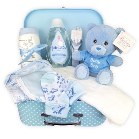 Geschenkset für Neugeborene für Jungen – handverpackter blauer Korb mit Koffer-Aufbewahrungsbox, Stofftierbär, Pucktuch aus Musselin, Kleidung und Essentials