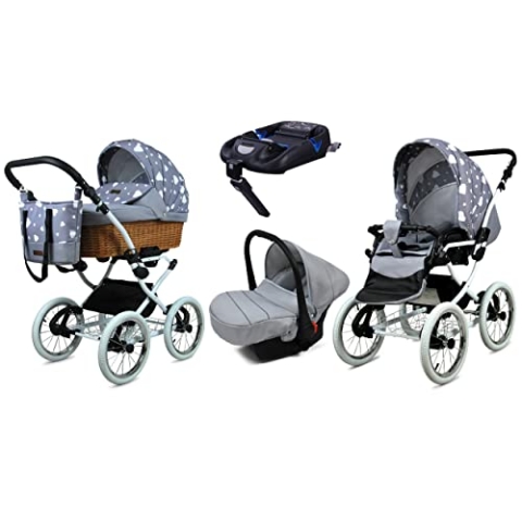BabyLux Kinderwagen 4in1 mit Autositz für Kleinkinder – Kinderwagen für Neugeborene und Kleinkinder –– Baby Neugeborenen Kinderwagen – ISOFIX Autositzbasis – Max 15kg – Silver Hearts White Frame