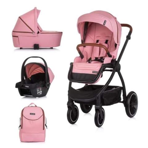 Chipolino Kombikinderwagen 3 in 1 Prestige Babywanne Rucksack i-Size Babyschale, Farbe:rosa