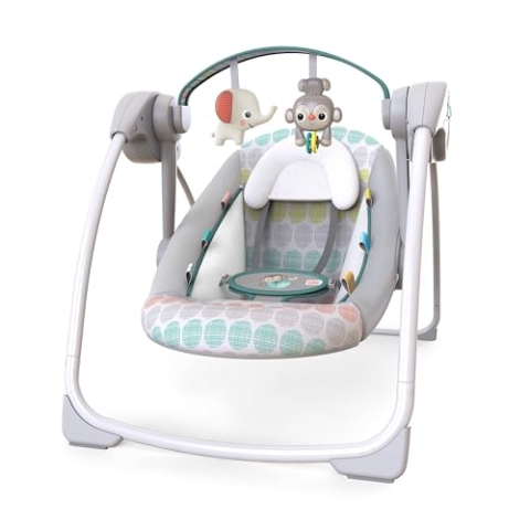 Bright Starts Whimsical Wild automatische Babyschaukel, zusammenklappbar, mit 6 Melodien und 2 Spielzeugen