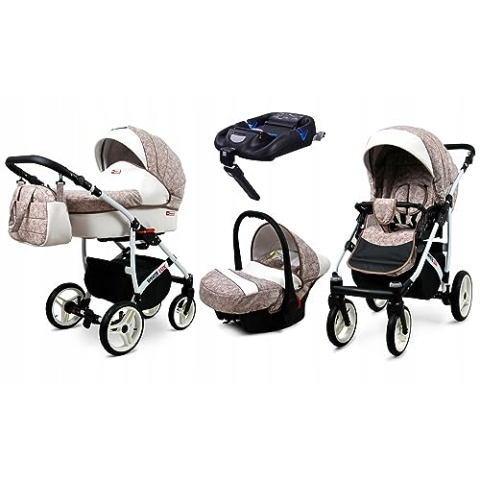 BabyLux® Kinderwagen Set 4 in 1 - White Lux - incl. Babywanne, Buggy Sportsitz, Auto-Babyschale, ISOFIX-Basisstation - Autositz - Kinderwagenset - Kombikinderwagen mit Wickeltasche usw.