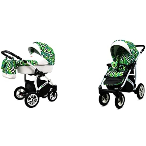 BabyLux Tropical 2-in-1 Bouncing Baby Stroller und Zubehör Kinderwagen Verstellbar und faltbar Aluminium Konstruktion Wasserdicht Nicht abnehmbare Räder Blue Paisle