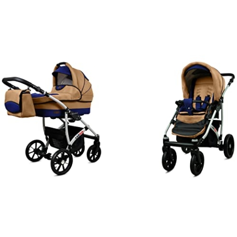 BabyLux Largo 2-in-1 Baby Kinderwagen Tief und Kinderwagen mit Zubehör Verstellbar und faltbar Aluminiumkonstruktion Wasserdicht Nicht abnehmbare Räder Gold Star Silver Frame