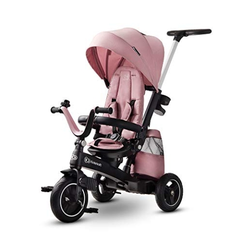 Kinderkraft Dreirad EASYTWIST, Kinderdreirad, Jogger, mit Zubehör, Dachfenster, Sicherheitsgurte, 360 Grad Drehbar, Freilaufrad, Schubstange, ab 9 Monate bis 5 Jahre, Bequemer Sitz, Rosa