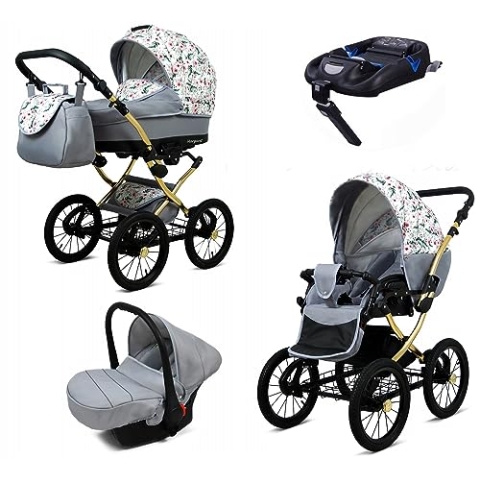 BabyLux® Kinderwagen Set 4 in 1 - Margaret Gold - incl. Babywanne, Buggy Sportsitz, Auto-Babyschale, ISOFIX-Basisstation - Autositz - Kinderwagenset - Kombikinderwagen mit Wickeltasche usw.