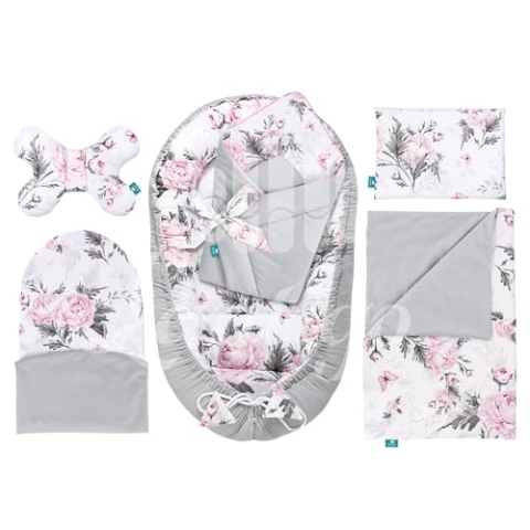 Lantigo Set für Neugeborene 6-teiliges Babynest Baumwolle mit Samt Baby Nestchen 95×55 cm inkl. Baby Kissen, Babydecke, Babyhörnchen, Erstausstattung Neugeborene Pink Flowers Grey