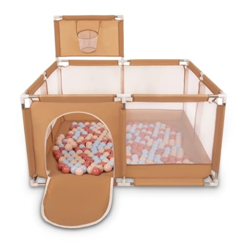 Selonis Laufstall Mit Korb Und 200 Bälle Laufgitter Für Kinder, Beige:Pastellbeige/Pastellblau/Lachsfarben