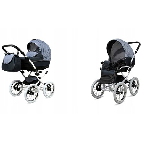 BabyLux® Bambimo Kinderwagen Set 2 in 1 - Margaret White - incl. Babywanne, Buggy Sportsitz - Kinderwagenset - Kombikinderwagen mit Wickeltasche, Regenschutz, Moskitonetz, Cupholder usw.