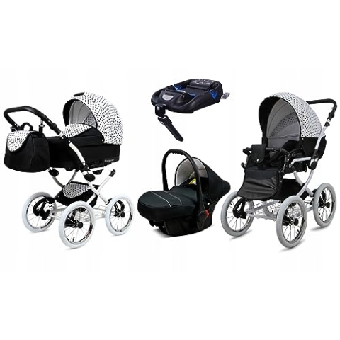 BabyLux® Kinderwagen Set 4 in 1 - Margaret White - incl. Babywanne, Buggy Sportsitz, Auto-Babyschale, ISOFIX-Basisstation - Autositz - Kinderwagenset - Kombikinderwagen mit Wickeltasche usw.