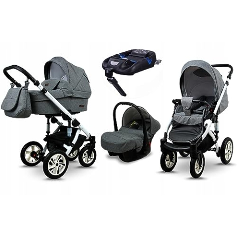 BabyLux® Kinderwagen Set 4 in 1 - Sky Lark - incl. Babywanne, Buggy Sportsitz, Auto-Babyschale, ISOFIX-Basisstation - Autositz - Kinderwagenset - Kombikinderwagen mit Wickeltasche usw.