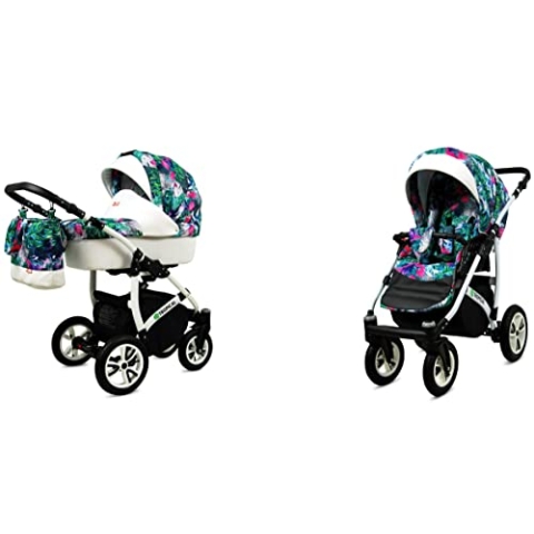 BabyLux Tropical 2-in-1 Bouncing Baby Stroller und Zubehör Kinderwagen Verstellbar und faltbar Aluminium Konstruktion Wasserdicht Nicht abnehmbare Räder Mint Parrots