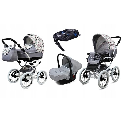 BabyLux® Kinderwagen Set 4 in 1 - Margaret White - incl. Babywanne, Buggy Sportsitz, Auto-Babyschale, ISOFIX-Basisstation - Autositz - Kinderwagenset - Kombikinderwagen mit Wickeltasche usw.