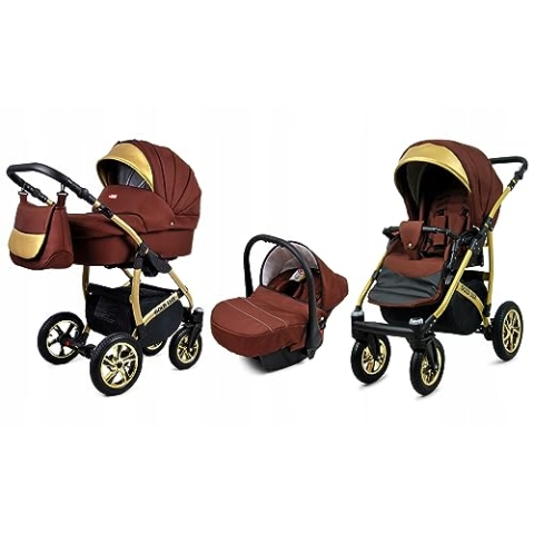 BabyLux® Bambimo Kinderwagen Set 3 in 1 - Gold Lux - incl. Babywanne, Buggy Sportsitz, Auto-Babyschale - Autositz - Kinderwagenset - Kombikinderwagen mit Wickeltasche, Regenschutz usw.